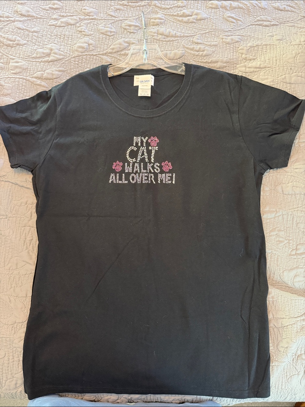Gildan Black Tee with Pink Rhinestone Paw Design XL